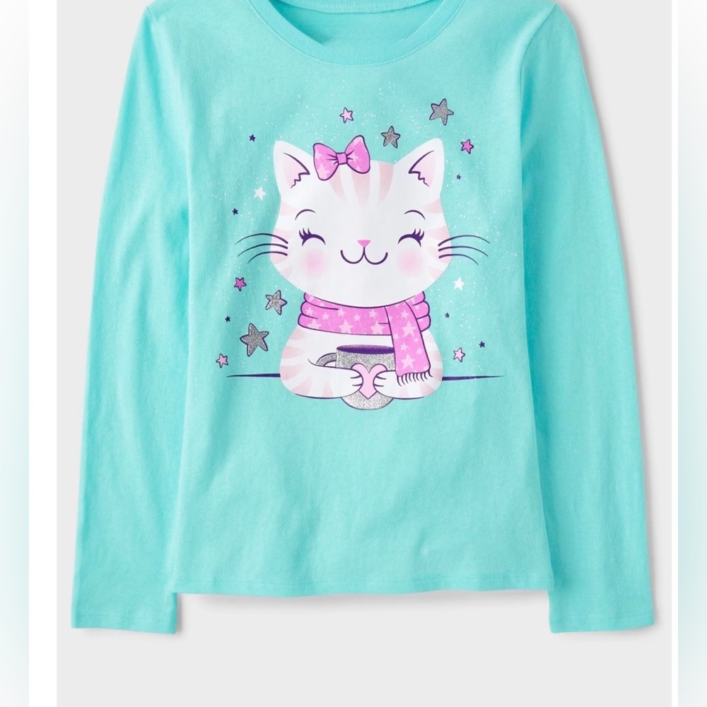 NWT:  Cat Cocoa Graphic Girls Kids Aqua colored Long sleeves tee.